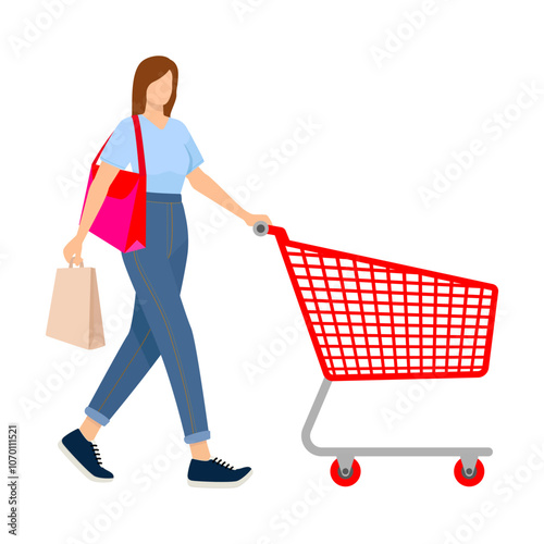 Clip art of a woman pushing a shopping cart empty. Vector illustration