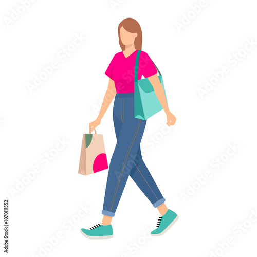 Clip art of a woman walking and carrying a colorful paper bag
