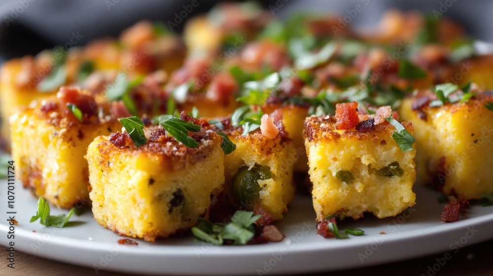 Savory Cornbread Bites Topped with Bacon and Chives. Cheesy Polenta Bites with Brussels Sprouts Savory Cornbread Bites Topped with Bacon and Chives. Cheesy Polenta Bites with Brussels Sprouts