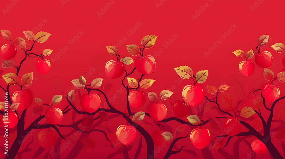 Fototapeta premium Red apple orchard. Seamless pattern. Vector illustration.