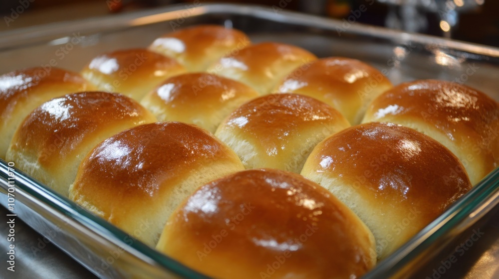 Freshly Baked Golden Dinner Rolls in Glass Baking Dish. Dinner Rolls Freshly Baked Golden Dinner Rolls in Glass Baking Dish. Dinner Rolls