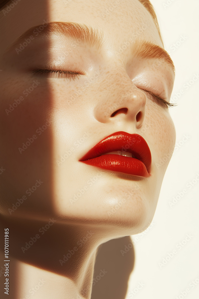 An elegant close-up of a young woman with eyes closed, wearing red lipstick and flawless makeup.