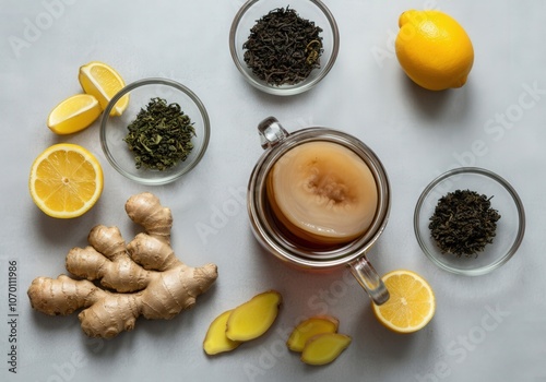 Kombucha fermenting in glass jar with ginger, lemon and tea leaves on table