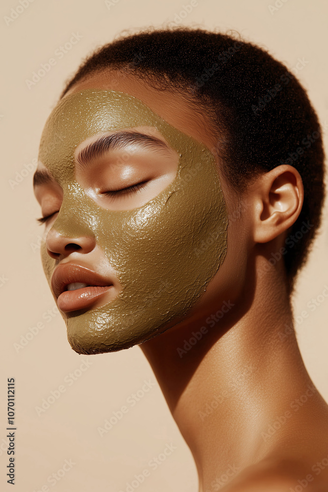 A luxurious portrait of a woman with a green clay mask, embracing self-care and spa treatments.