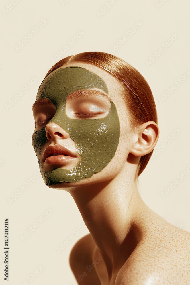 A refreshing portrait of a young woman applying a green algae mask for glowing skin.