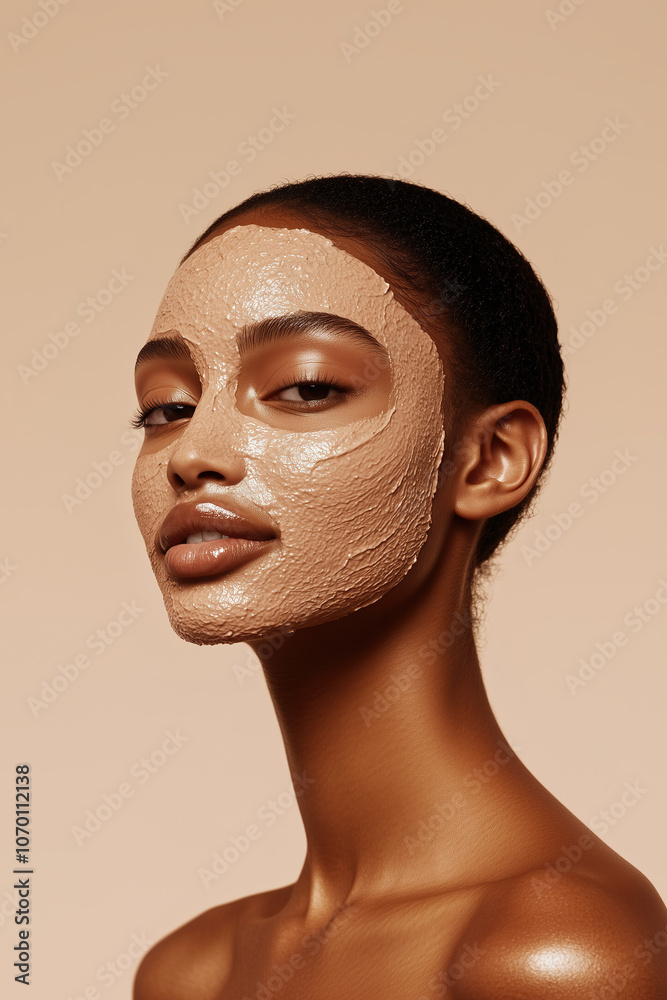 A soft and luminous studio portrait of a young woman with a clay mask, highlighting clear skin.