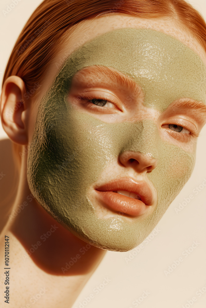 A close-up of a young woman applying a green clay mask for a healthy skincare routine.