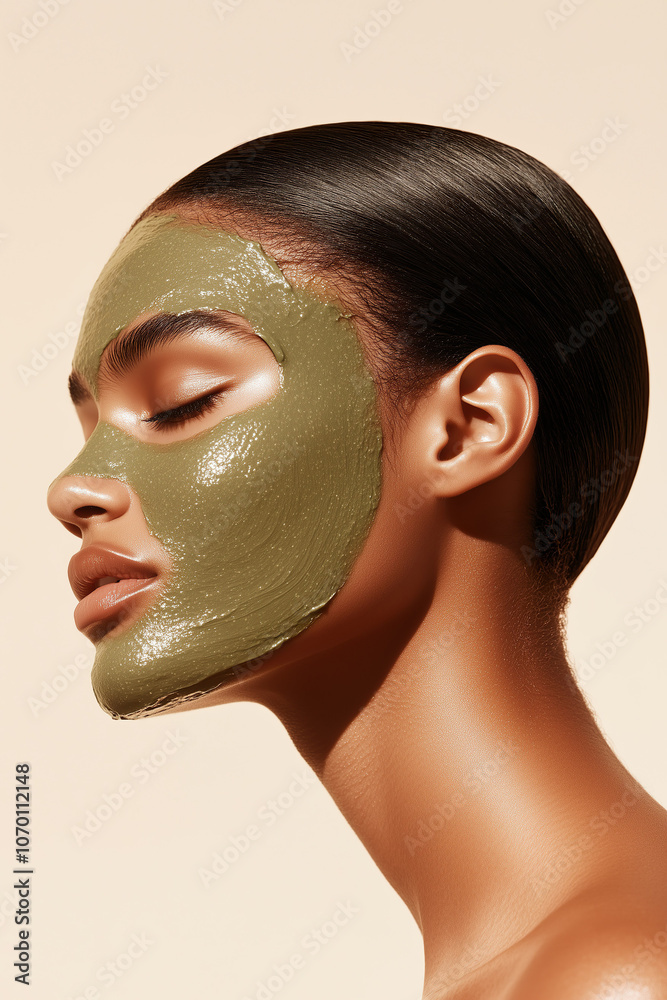 A fresh studio shot of a young woman with a green clay mask, showcasing healthy and radiant skin.