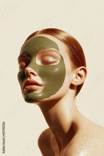 Obraz na płótnie A refreshing portrait of a young woman applying a green algae mask for glowing skin. w salonie