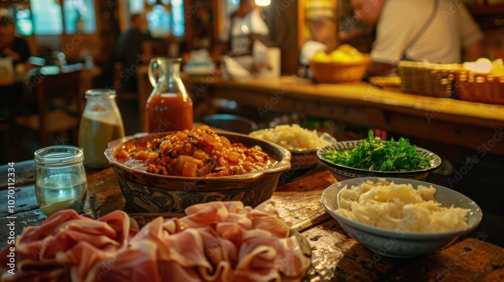 Fototapeta premium Traditional Trieste Restaurant Spread with Deli Meats and Stews Feast of St. Giusto