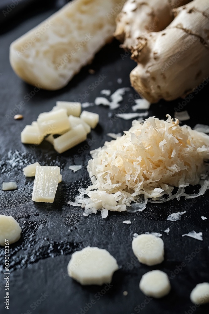 Grated Horseradish and Slices on Black Background Feast of St. Giusto Grated Horseradish and Slices on Black Background Feast of St. Giusto