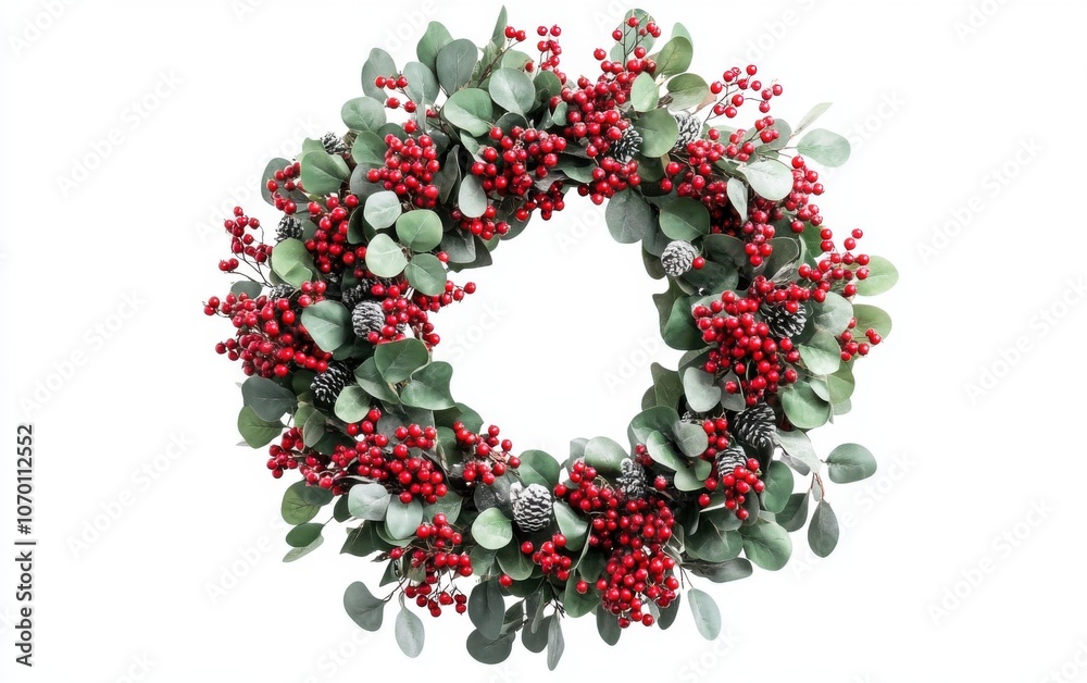 Festive Christmas berry wreath adorned with red winter berries and eucalyptus for holiday decor Festive Christmas berry wreath adorned with red winter berries and eucalyptus for holiday decor