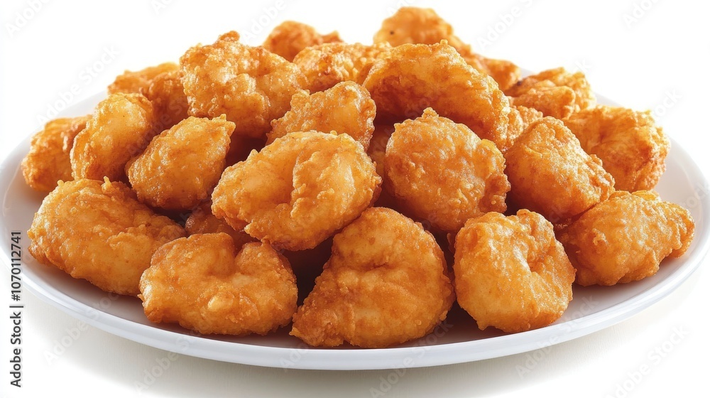 Plate of shrimp tempura with crispy, golden batter on a bright white background, highlighting the appetizing texture and colors. Plate of shrimp tempura with crispy, golden batter on a bright white background, highlighting the appetizing texture and colors.