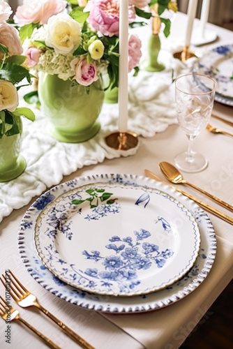 Traditional holiday tablescape, formal dinner table setting, table scape with country classic style decoration for wedding and celebration, post-processed, generative ai