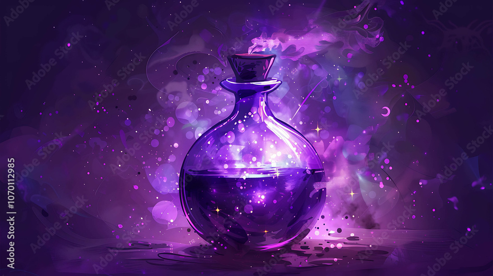 A beautiful digital painting of a magic potion. The potion is contained in a glass bottle and is surrounded by a purple mist. A beautiful digital painting of a magic potion. The potion is contained in a glass bottle and is surrounded by a purple mist.