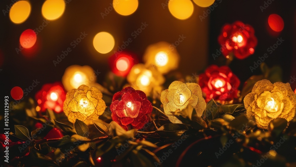 Beautifully illuminated floral decorations create a cozy and warm atmosphere, perfect for festive occasions or romantic settings