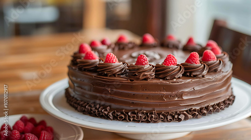 Rich and decadent chocolate cake with raspberry ganache and fresh raspberries on top. The cake is sitting on a white plate on a wooden table. photo