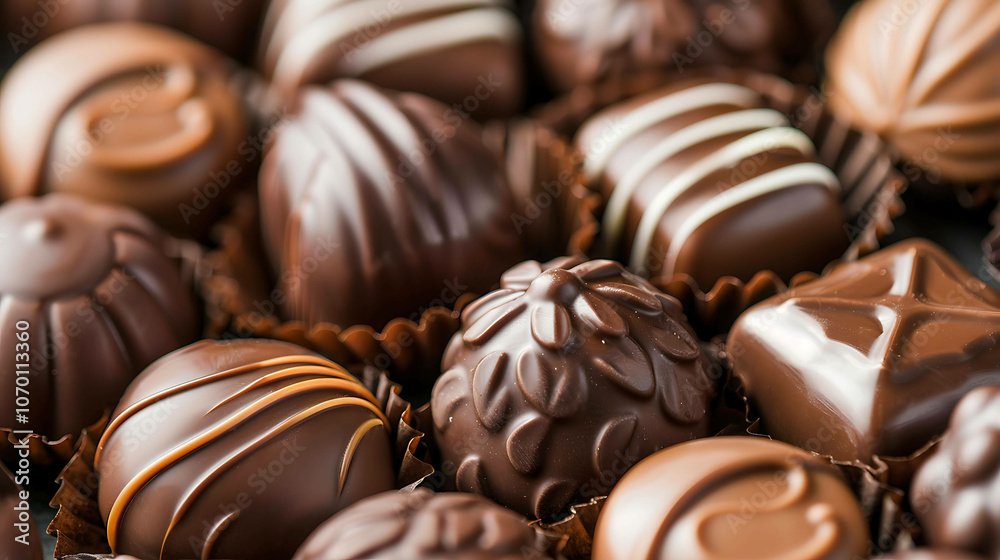 An assortment of delicious chocolates with different shapes and sizes. The chocolates are arranged in a way that is visually appealing. An assortment of delicious chocolates with different shapes and sizes. The chocolates are arranged in a way that is visually appealing.