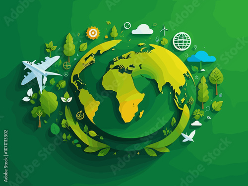 World environment and sustainable development concept with ecology  icons and symbols on green background banner, vector environment, eco friendly, green technology isolated vector in flat style.