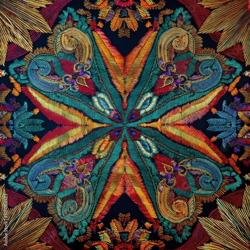 Asian-inspired Ikat paisley embroidery pattern with Aztec elements, designed as a seamless, decorative fabric and textile pattern