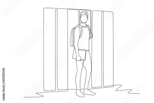 Stylish students in front of lockers. School locker concept one-line drawing