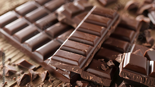 Close-up of a stack of dark chocolate bars on a wooden table. The chocolate is rich and smooth, with a deep, dark color. photo