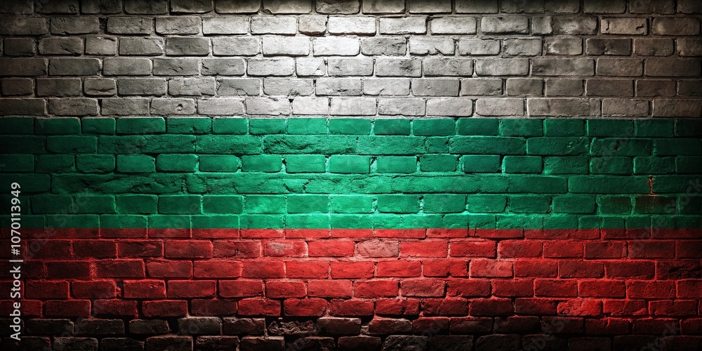 Bulgaria Flag Illuminated on a Rustic Brick Wall at Night with Shadows and Texture, Evoking National Pride and Cultural Heritage in a Unique Conceptual Photography Style Bulgaria Flag Illuminated on a Rustic Brick Wall at Night with Shadows and Texture, Evoking National Pride and Cultural Heritage in a Unique Conceptual Photography Style