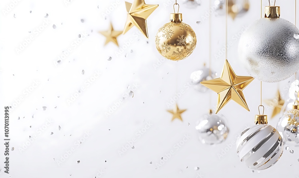 Fototapeta premium Elegant Gold and Silver Christmas Ornaments on White Background with copy space. Festive holiday scene featuring a variety of gold and silver Christmas ornaments, including baubles and stars