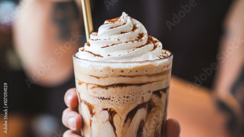 Iced Coffee with Whipped Cream and Chocolate Drizzle   Cafe Beverage photo