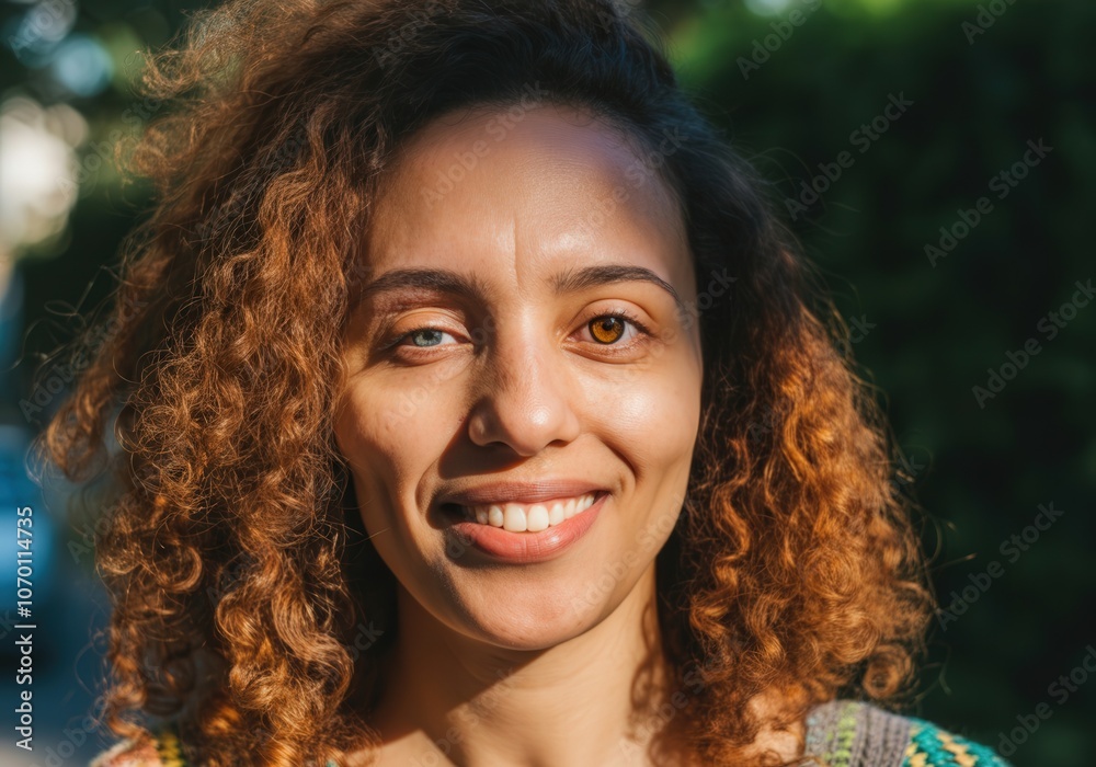 Portrait of a cheerful young woman with heterochromia and curly hair enjoying a sunny day outdoors Portrait of a cheerful young woman with heterochromia and curly hair enjoying a sunny day outdoors