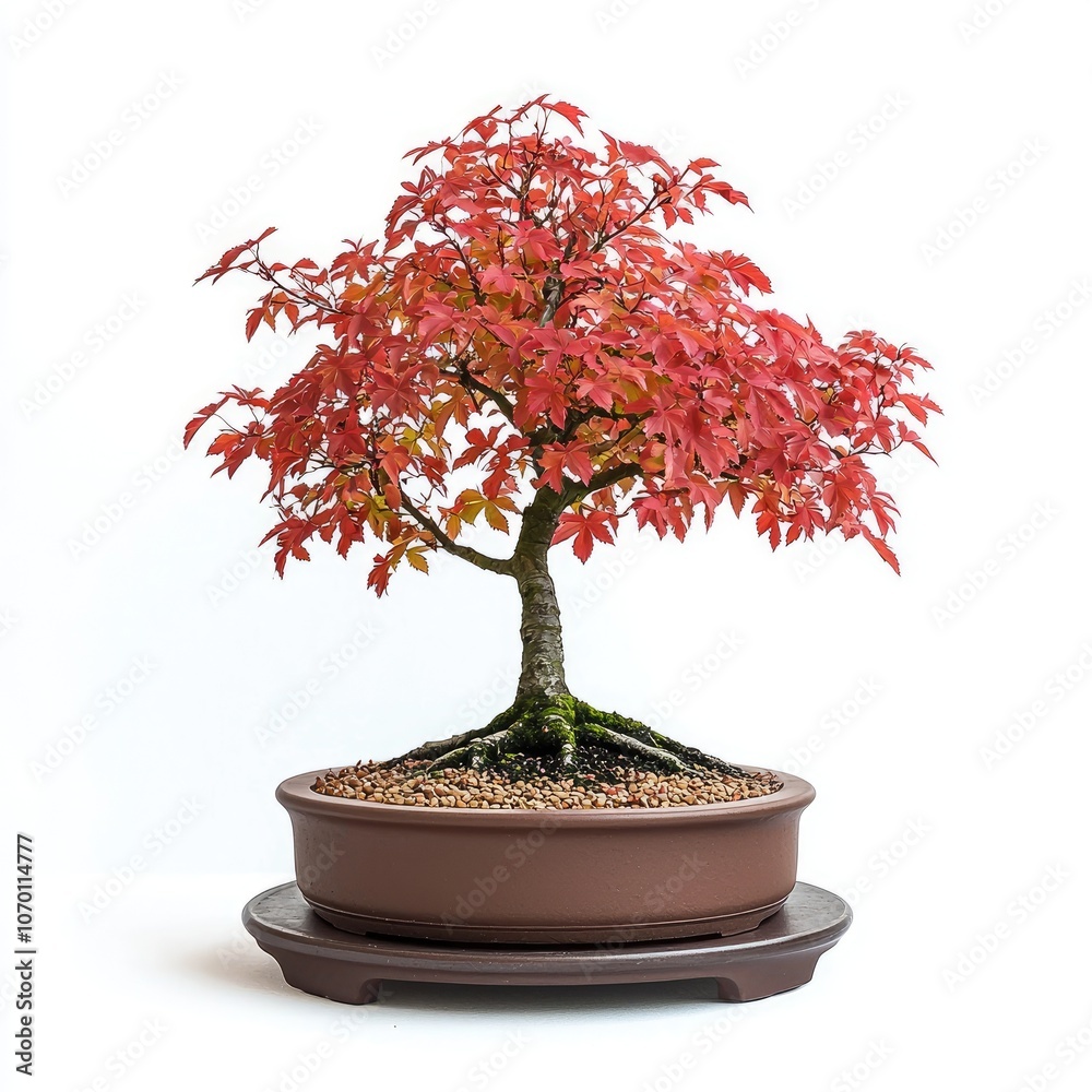 Obraz premium Red bonsai tree in a brown pot.