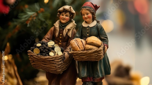 Festive holiday market scene with figurines holding bread and coins - rustic celebration First-Foot Day photo