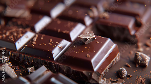 A close-up image of a dark chocolate bar. The bar is broken into several pieces, and there are also some chocolate shavings scattered around. photo