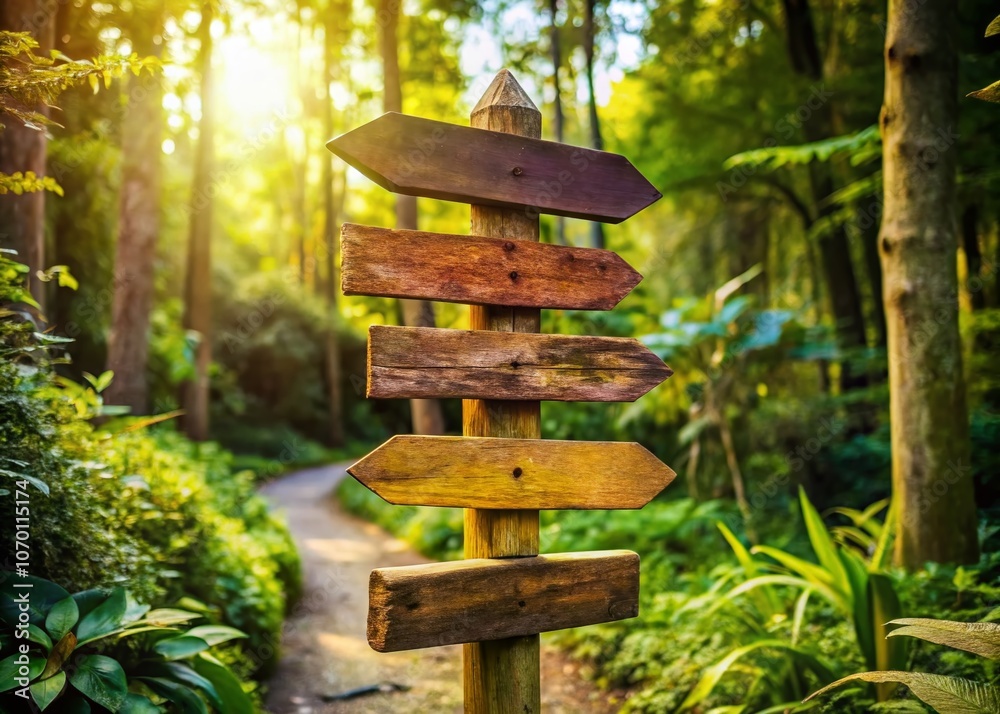 Candid Photography of Cutout Wooden Signposts with Various Arrows Pointing in Different Directions, Surrounded by Lush Greenery and Natural Elements for a Rustic Outdoor Feel Candid Photography of Cutout Wooden Signposts with Various Arrows Pointing in Different Directions, Surrounded by Lush Greenery and Natural Elements for a Rustic Outdoor Feel