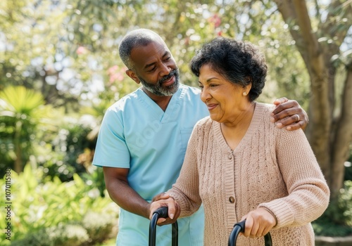 Caring nurse supports elderly woman using walker, providing assistance and companionship in a peaceful park setting photo