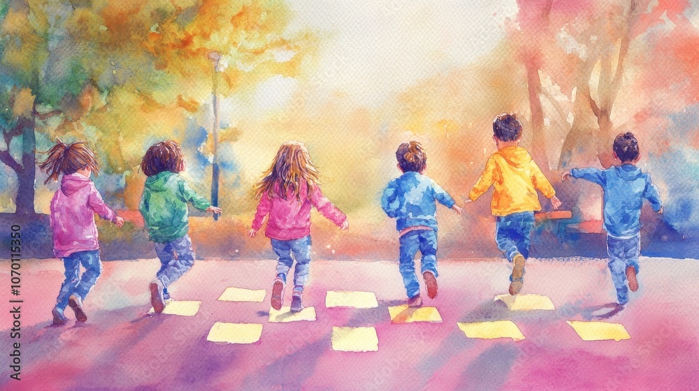 Naklejka premium Children Playing Hopscotch in Watercolor Style