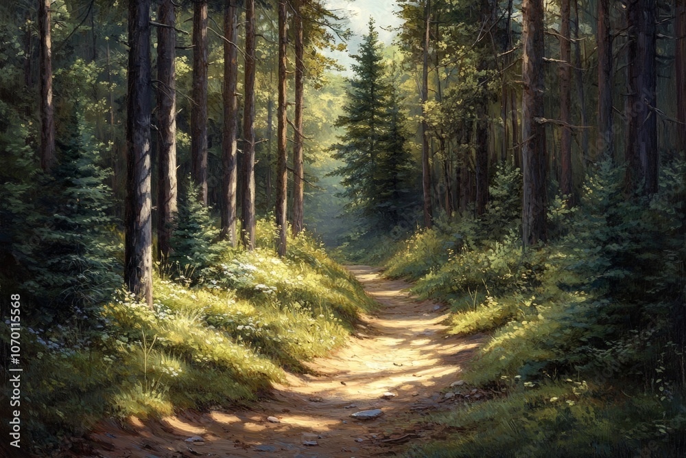 Obraz premium A path through a forest with trees on either side