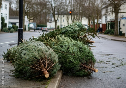 Several discarded christmas trees are piled up on a sidewalk after the holiday season, awaiting collection and recycling photo