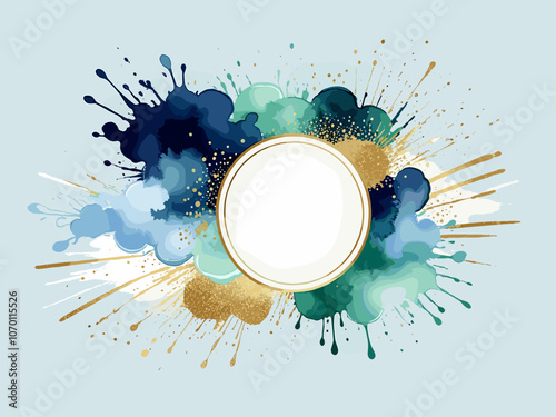 Pastel sky blue, green or navy watercolor brush stroke splash with luxury golden frame and glitter gold lines round contour frame for banner or logo wedding elements