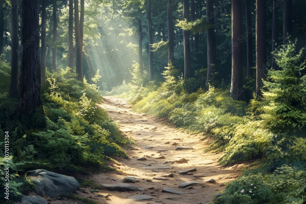 Obraz premium A path through a forest with trees on either side