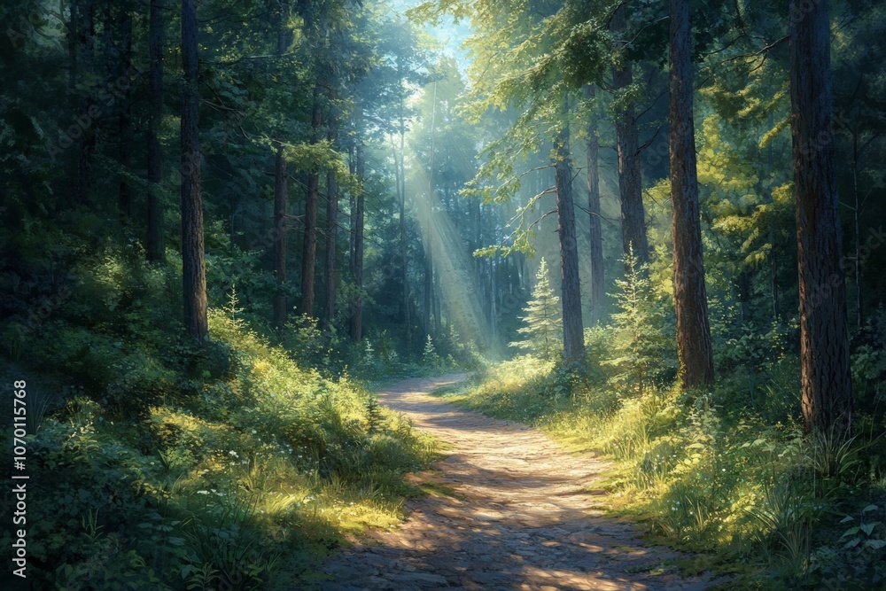 Obraz premium A path through a forest with trees on either side