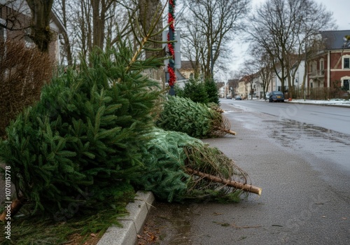 Discarded natural christmas trees are placed on the sidewalk for collection after the holiday season photo