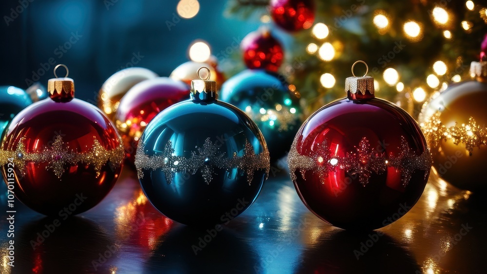 Fototapeta premium Colorful Christmas ornaments with sparkling details, beautifully arranged against a festive backdrop of lights and greenery. Perfect for holiday decorations and seasonal themes