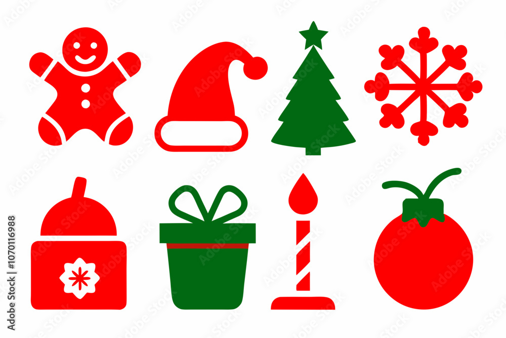 Christmas icons vector set. Gift box with ribbon bow, candy, ginger man, cup, cake, snowflake, ball, fir tree, candle, garland. New Year celebration tradition pictograms. on white. Christmas icons vector set. Gift box with ribbon bow, candy, ginger man, cup, cake, snowflake, ball, fir tree, candle, garland. New Year celebration tradition pictograms. on white.