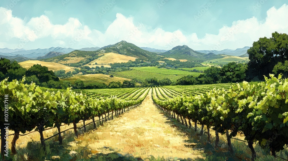 Fototapeta premium Lush Vineyard Landscape with Vibrant Greens and Hills