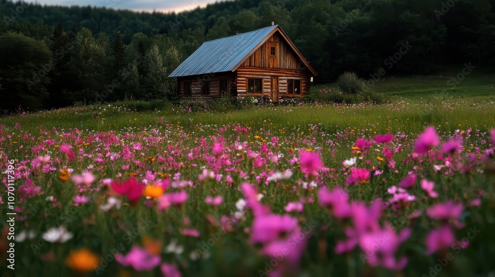 Vibrant wildflowers surround a rustic cabin, creating a dynamic and picturesque countryside scene. Vibrant wildflowers surround a rustic cabin, creating a dynamic and picturesque countryside scene.