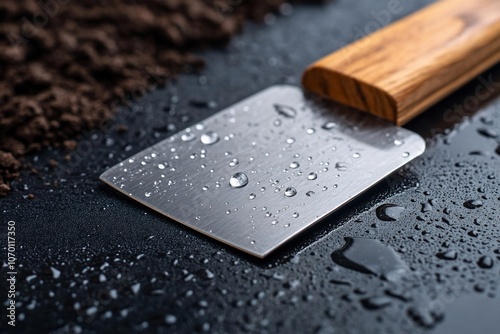 Close-up of a stainless steel scraper with a wooden handle, resting on a black surface with water droplets.