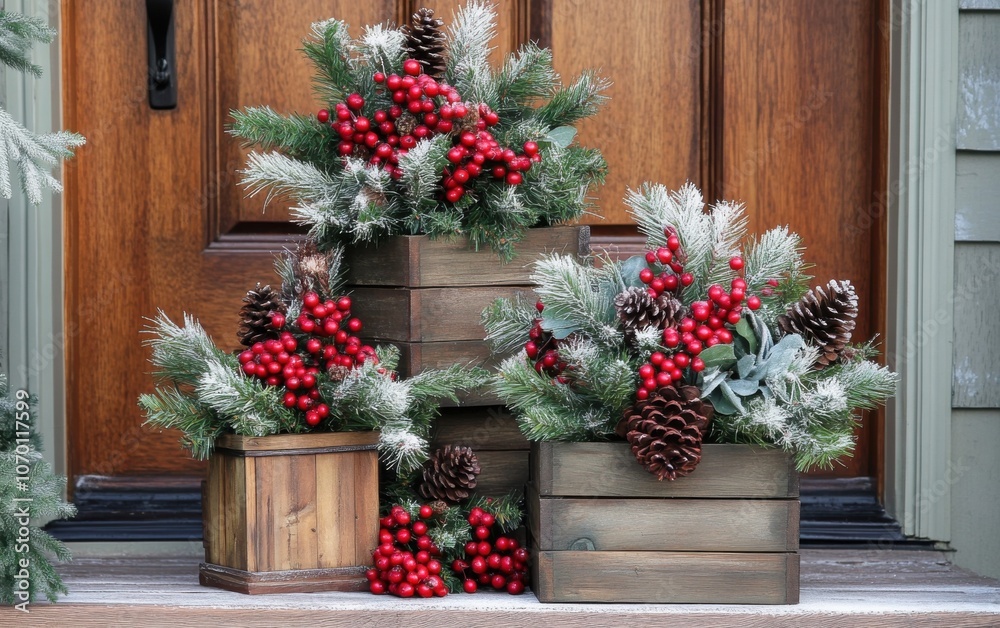 Front door decorated with a winter berry topiary arrangement featuring stacked pinecones, frosted berries, and greenery in rustic wooden planters Front door decorated with a winter berry topiary arrangement featuring stacked pinecones, frosted berries, and greenery in rustic wooden planters