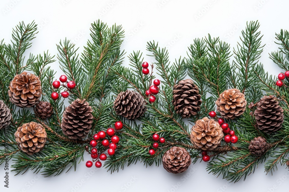 Fototapeta premium Evergreen Branches with Pine Cones and Red Berries on a White Background