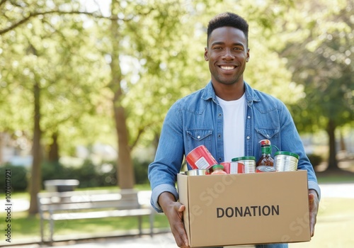 Young man holding cardboard box with canned food for donation in park